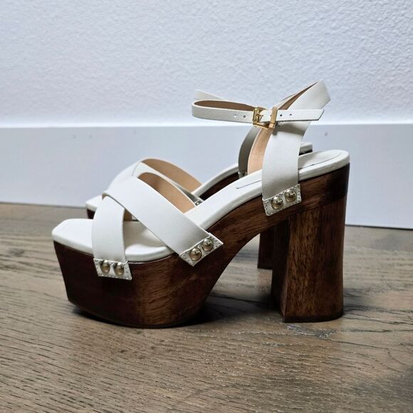 🆕️ Schutz Gaylah Leather & Wood Platform Sandals in White - Picture 6 of 13